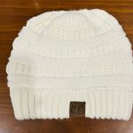 C.C Exclusive CC Beanie tail Ponytail messy bun Ivory Ribbed Knit Beanie Hat White Photo 3