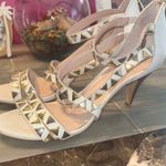 Vince Camuto White Mikal Leather Heeled Sandals w/ Gold Studs & Zipper Back EUC Photo 6