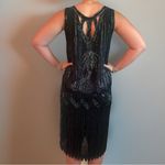 Vintage 1920s Style Art Deco Flapper Dress Black Iridescent Beaded Gatsby Dress Gold Size M Photo 2