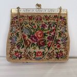 Vintage Petit Point Tapestry Handbag Floral Pattern Gold Snake Chain Handle Tan Photo 6