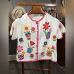 Vintage BellePointe Cottagecore Flowerpots Cardigan Short Sleeved Sweater White Photo 8