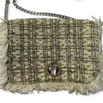 ZARA Green Beaded Tweed Clutch Bag Fringe Metal Chain Photo 0