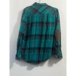 KAVU  Flannel Shirt Top Womens Sz L Green Plaid Button Corduroy Elbow Patches Photo 2