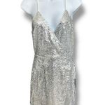 New Lulu's Hilaria Silver Sequin Bodycon Mini Halter Dress Faux Wrap Hem Small Photo 1