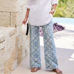 Soft Surroundings NWOT Soft Surrounding Aliso Point Linen Pants Blue Tile Print 1X Wide Leg Casual Photo 1