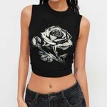 Cider  - Round Neck Rose Graphic Ruched Crop Tank in Black & White Photo 3