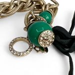 Ann Taylor  Charm Bracelet Gold Tone Chain Rhinestone Green Beads Leather Tassel Photo 3