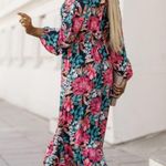 NEW Black & Bold Floral Print V Neck High Waist Long Lantern Sleeve Midi Dress Photo 1