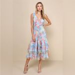 Lulus Perfectly Divine Blue Floral Tulle Tiered Ruffled Midi Dress large nwt Photo 2