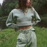 Free People For Love & Lemons Dominique Cable Knit Sweater Mint Green Size Large Puff Sleeve Photo 0