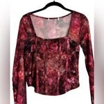 Womens Floral Nylon Mesh Crop Top Long Sleeve Y2K Festival Boho Grunge Size S Red Photo 1