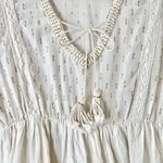 Turks & Caicos Cream & Gold Tiered Boho Lace Trim Mini Dress Size Large White Photo 1