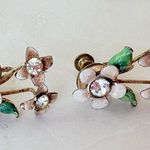 Vintage Flower Rhinestone Pink Flower Screwback Pierceless Statement Earrings Green Photo 3