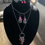 Y2K Necklace and Earrings Set, Silver tone and hot pink stones Photo 0