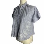 Floral Embroidered Button Up Striped Shirt 60PE Blue Size M Photo 1