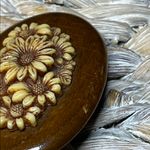 Vintage Floral Carved Celluloid Wooden Brooch Brown Photo 5