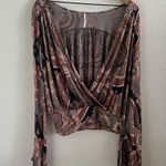 Free People  Fiona Print Top Surplice Statement Sleeve Blouse Shirt Medium Photo 9