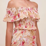 ASTR Revolve Dress S Cottagecore Off Shoulder Smocked Rose Olive Floral Mini Photo 0