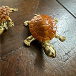 Vintage (2) Turtle Brown Shell Green Eyes Gold‎ Tone Pin Brooch Set Photo 2