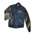 True Religion New Womens Varsity Leather Jacket XS Dark Navy Blue Black Logo Photo 2