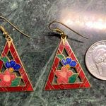 vtg cloisonne Earrings Flower Floral Triangle Shaped Dangle Drop Gold Tone Photo 1