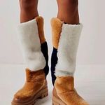 Free People  Happy Thoughts Shearling Real Fur Patchwork Knee High Boots Tan 6.5 Photo 0