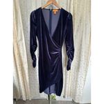 Gigi Parker Velvet Ruched Long Sleeve Sexy Stretch Bodycon Faux Wrap Dress S Blue Photo 1
