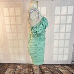 Here Comes the Sun mint green lace ruched lace up back mini dress Photo 7