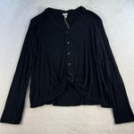 A New Day  XL Top Tie Front Black Ribbed Knit Full Button Long Sleeve V-Neck NEW Photo 2