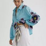 Maeve Anthropologie  Blue White Striped Pansy Embroidered Shirt Photo 10