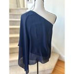 Analili Navy Blue Silk One Shoulder Draped Tank Blouse Photo 3