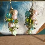 Vintage Cultured Freshwater Pearl Faceted Bead Cluster Drop Dangle Earrings Green Photo 1