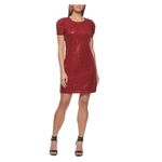 DKNY Red Sequined Short Sleeve Scoop Neck Shift Cocktail Dress Size 8 Photo 8