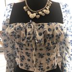 Vintage Y2K boho Cropped Top Tie Front Trumpet Sleeves Floral Blue & White M Size M Photo 8