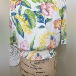 NTM: June & Hudson Ruffled Tropical Print Ivory Crop Top Blouse Size Small White Photo 12