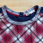 Jolt Plaid Cap Sleeve Contrast Button Back Top in Red/White/Navy/Gray - Medium Photo 2