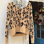 HYFVE  Tan and Black Fuzzy Off Shoulder Cropped Open Back Leopard Sweater SzSmall Photo 2