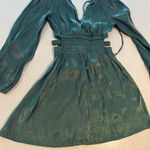Heart & Heels Green Metallic Ruched Cutout V Neck Long Sleeve Mini Dress Size S Photo 0