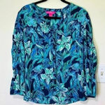 Lilly Pulitzer Maritza Floral Blouse Teal Blue Green Button Front Long Sleeve Photo 0