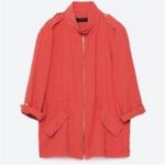 ZARA Front Zip Gold Snap Cinched Waist Military Utility Jacket Coral Pink Large Photo 5