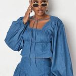 Missguided Tie Front Square Neck Volume Sleeve Denim Crop Top Deep Blue Size 6 Photo 1