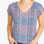 Pink Rose Large Blue Pink White Geometric Top Photo 0