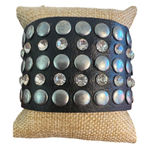 Black Faux Leather Bracelet Cuff Silver Tone Studs Clear Rhinestones Snaps Photo 0