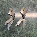 Native American Sterling Silver Onyx Double Feather Fan Dangle Earrings VTG Photo 2