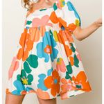 Boutique BiBi Floral Puff Sleeve Square Neck Babydoll Mini Dress XL Retro Style 70s New Photo 2