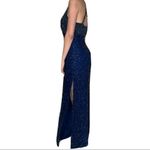 Cache 100% Silk Vintage Beaded Navy Blue Halter cross Strap Open Back Gown Photo 7