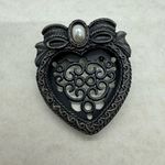 Vintage Brass Heart Shaped Filigree Brooch Pin with Faux Pearl Photo Insert Gray Photo 0