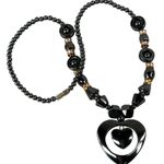 Black Hematite Beaded Necklace Heart Pendant Orange Silver Tone Accents Photo 0