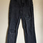 ZARA Cuffed Hem Folded Over High Rise Wide Leg Jeans Sz 4 Black Distressed Photo 0