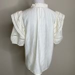 Joy Joy Cream Short Sleeve Blouse Cutout Lace Trim Ruffle Neck Sz Small Photo 1